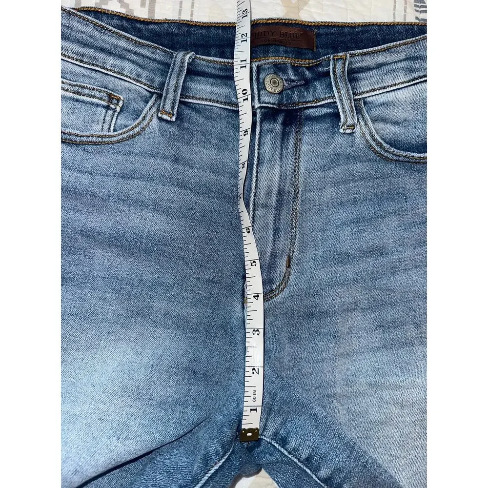 Judy Blue Womens Large Light Wash Denim Cutoff Shorts Raw Hem Stretch Mid Rise